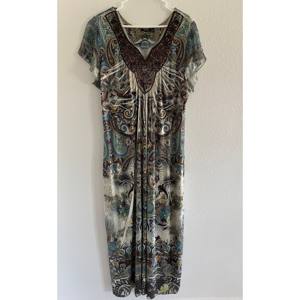 Apt 9 Dress Womens 2XL Green Brown Babydoll Fairy Rhinestone Stretch Bohemian
